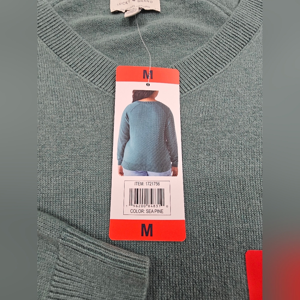 NEW Lucky Brand V Neck Ribbed Womens M Green Sea Pine Sweater Soft Cozy Pullover - Picture 4 of 10